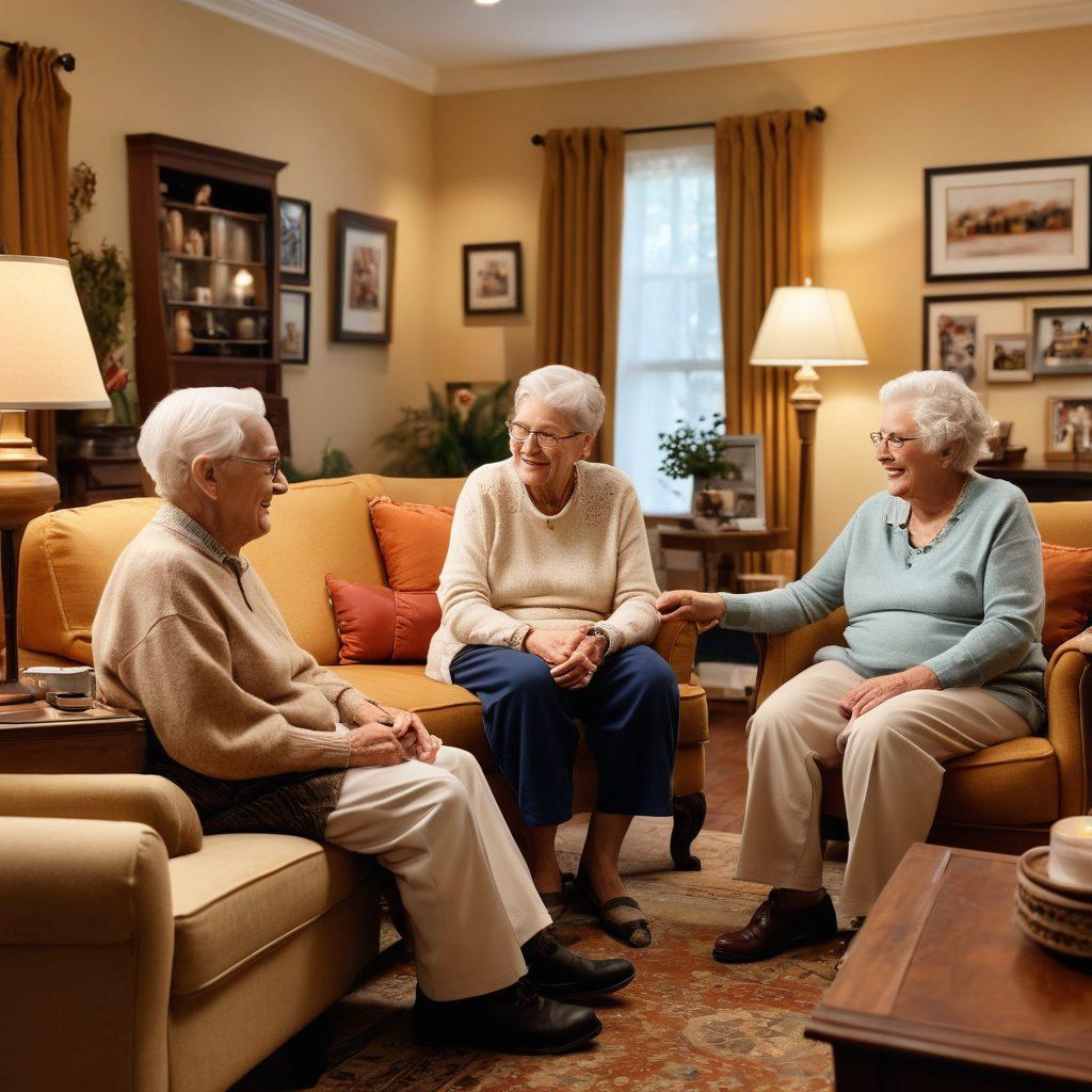 A warm and inviting living room scene featuring an elderly person happily interacting with a caregiver, surrounded by personal items that reflect individuality, such as family photos and beloved hobbies. The atmosphere should convey care and support, with soft lighting and cheerful decor, showcasing the essence of personalized care plans for seniors. super-realistic. warm colors. cozy setting.